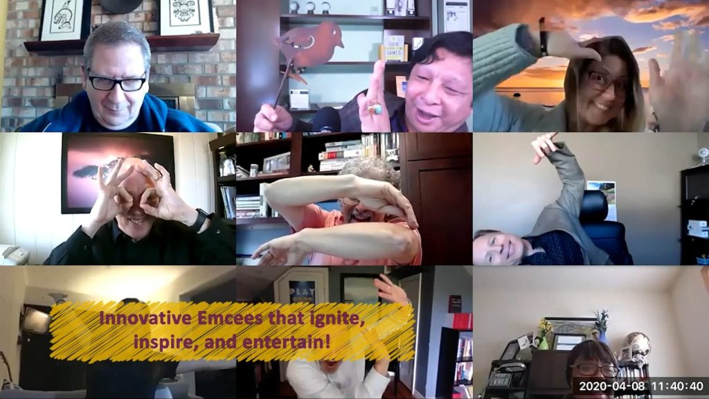 Remote team laughing together during a virtual team building trivia game