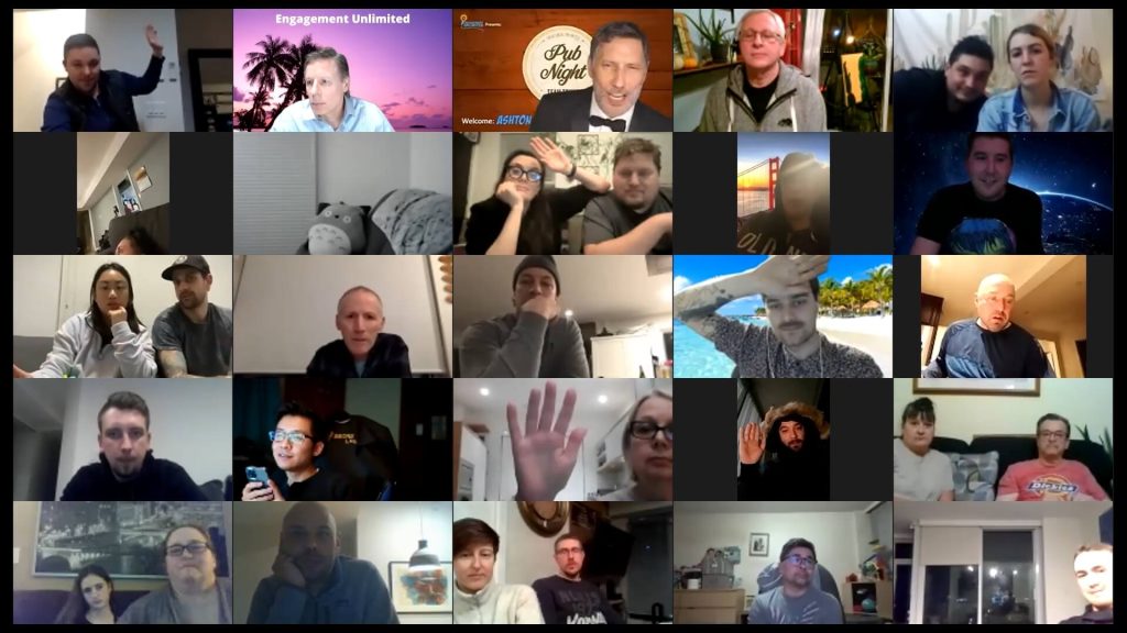 Remote team laughing together during a virtual team building trivia game