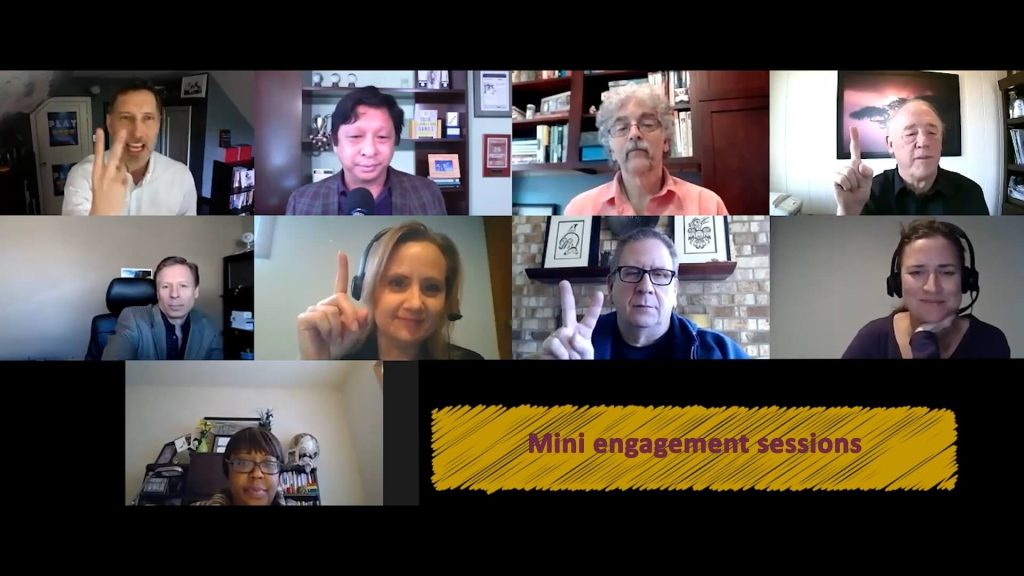 Professional host leading a virtual Name That Tune game for a remote team event